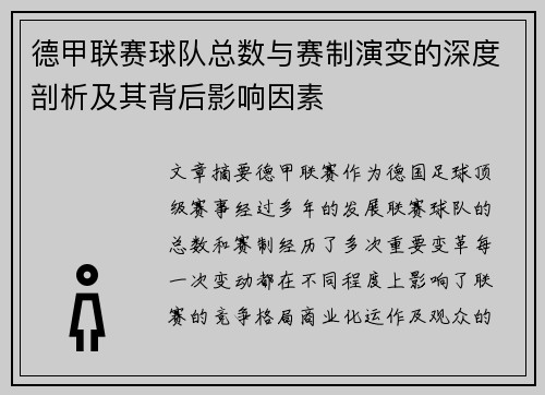 德甲联赛球队总数与赛制演变的深度剖析及其背后影响因素