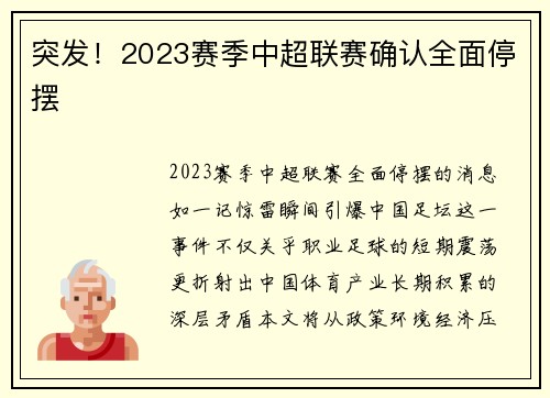突发！2023赛季中超联赛确认全面停摆