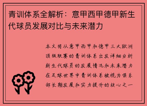 青训体系全解析：意甲西甲德甲新生代球员发展对比与未来潜力