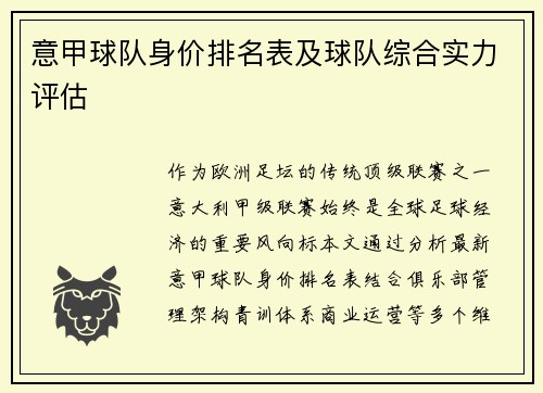 意甲球队身价排名表及球队综合实力评估